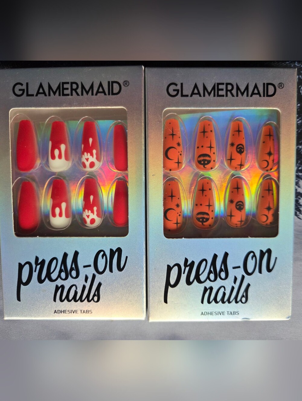 GLAMERMAID Press-On Nails - Red Drip & Orange Halloween Coffin Sets